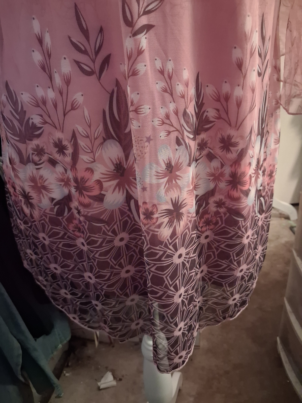 Sheer Pink Floral Overlay STRETCH Tunic,bodice lined,3/4 open sleeves,size is  M - Picture 8 of 10